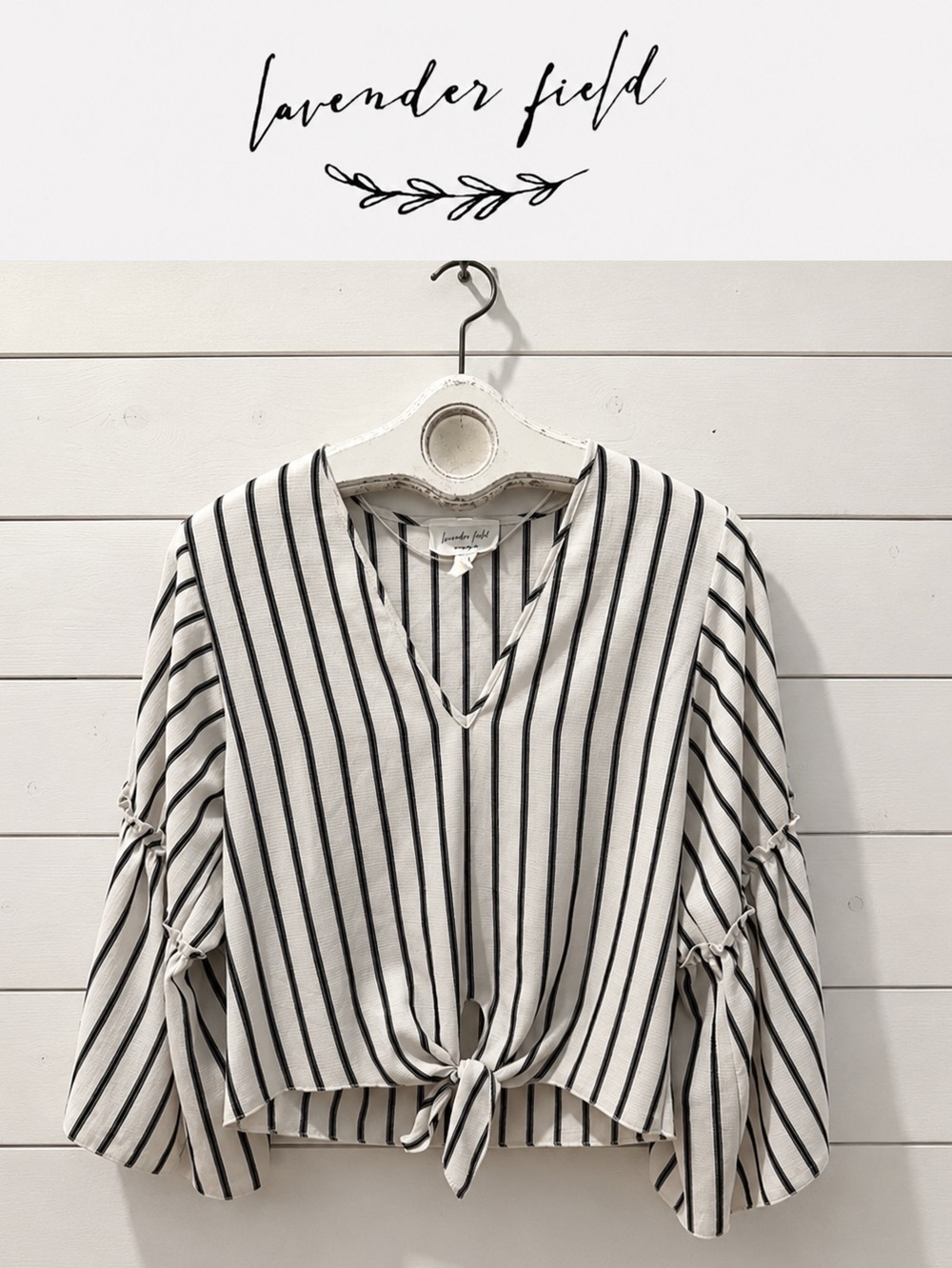 Lavender Field – White & Navy Striped Tie-Front Blouse – Size S